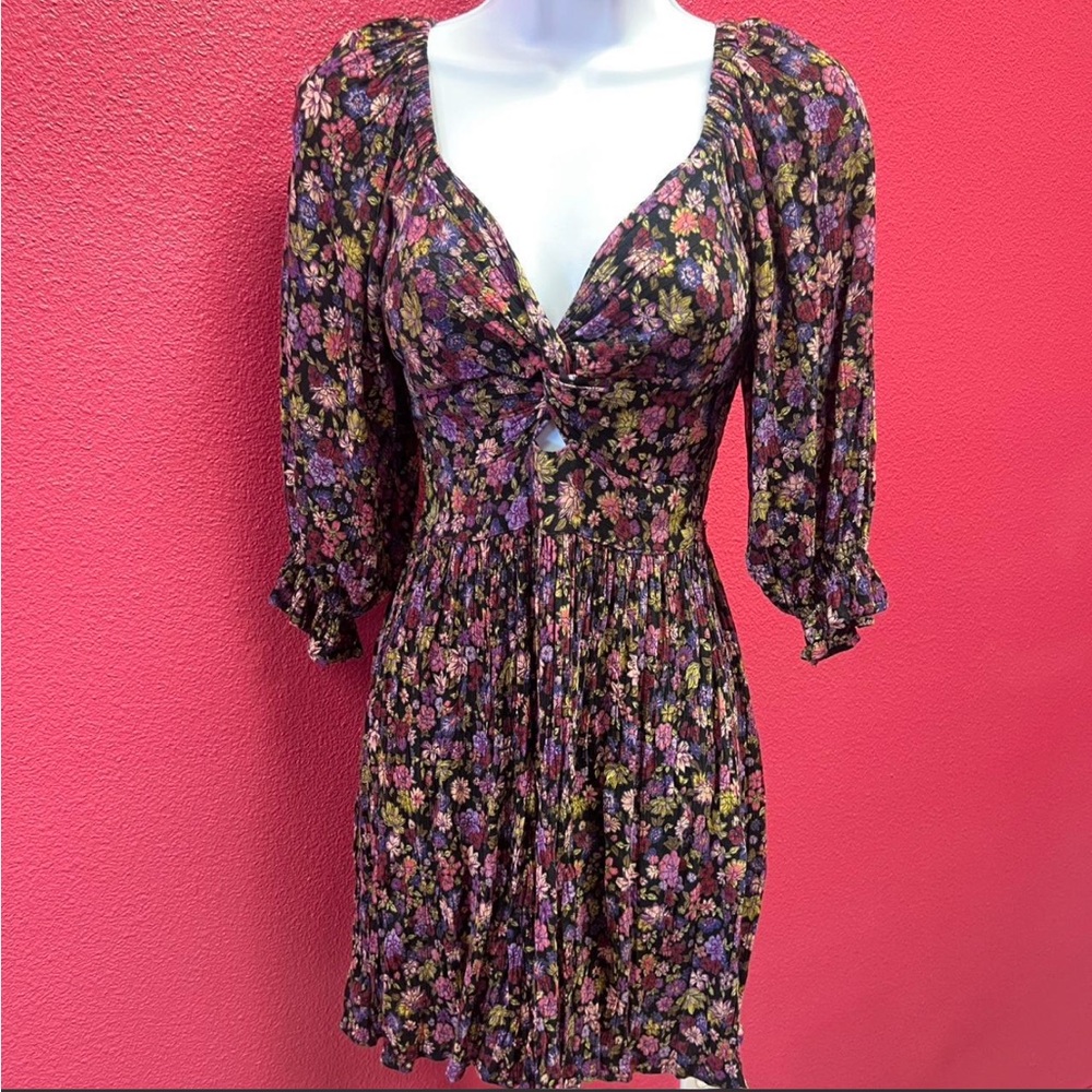 Floral Twist-Front Mini Dress in Black and Purple